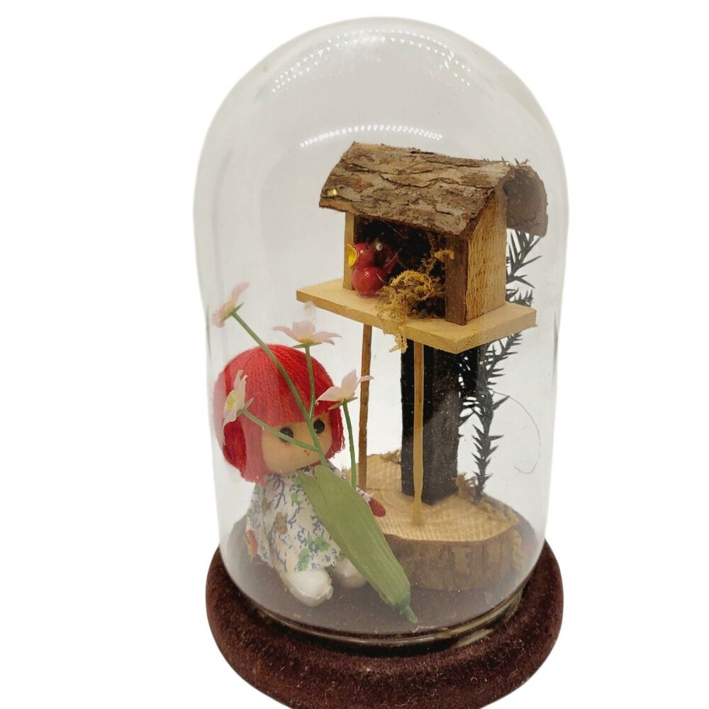 Handmade Diorama Encased Glass Dome Cloche Doll Red Hair Bird House Moss Twigs